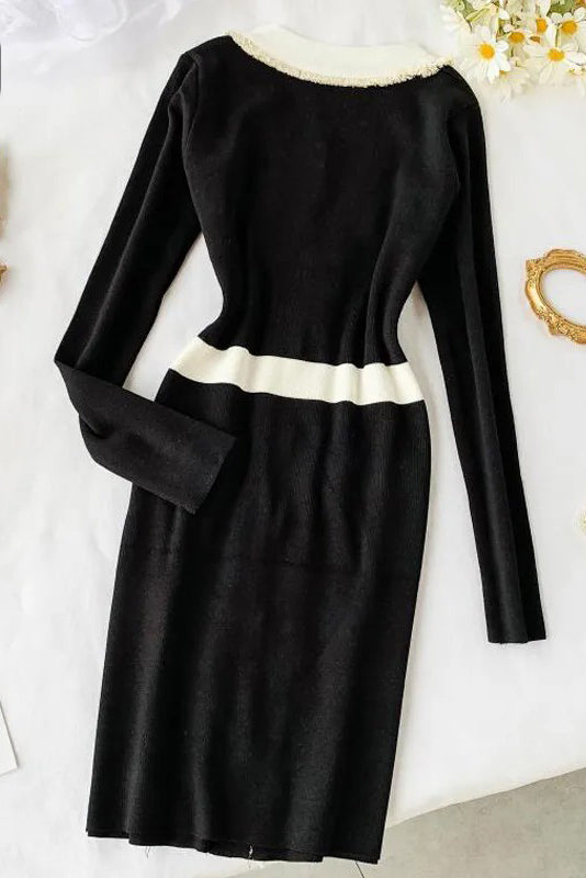 Women Elegant Knitted Dress Fashion Long Sleeve Dress Ladies V Neck Office Dress