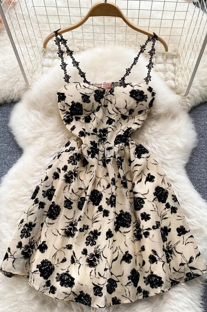 Fashion Women Flowers Print Mini Dress Elegant Lace Straps Backless Dress