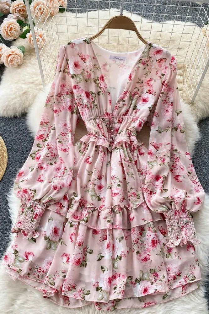 Women Dress Fashion V-neck Buttons Corset Floral Print Short Chiffon Dress