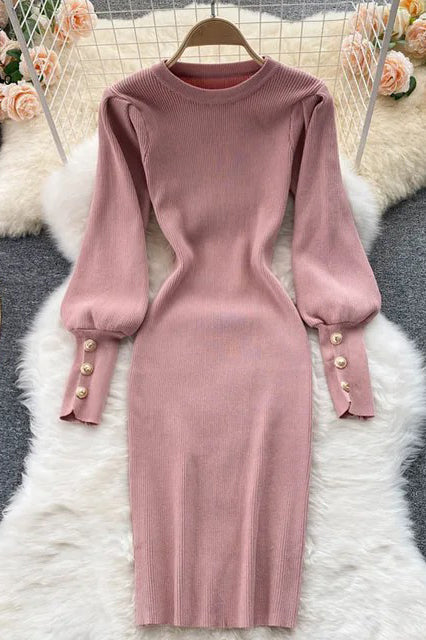 Elegant Buttons Puff Sleeve Women Dress Fashion O-Neck Knit Dress