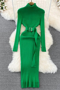 Fashion Long High Split Knit Dress Ladies Elegant Sweater Dress