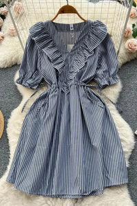 Women Fashion Ruffled V-neck Slim Waist Stripes Print Short Dress Elegant Puff Sleeve Dress