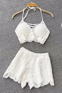 Knit Two Piece Sets Women Vacation Backless Camisole Elastic Waist Shorts Hollow Out Suits