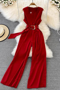 Women Elegant Office Long Wide Leg Pants With Belt Sleeveless Female Playsuits