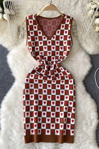 Romantic Heart Knitted Short Dress Women Casual V-neck Bodycon Dress
