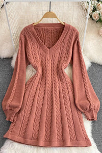 Fashion Knitted Women Dress Elegant Puff Sleeve A-line Short Dress
