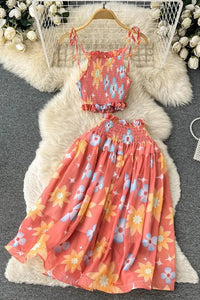 Women Dress Set Fashion Tie Dye Print Short Strap Cami Tops + High Waist Skirts Beach Two Piece Suits