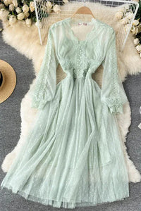 Romantic Women Lace Two Piece Party Dress Elegant V-neck Long Sleeve Dress