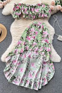 Fashion Women Dress Sets Off Shoulders Floral Print Crop Tops High Waist Ruffled Skirts Suits