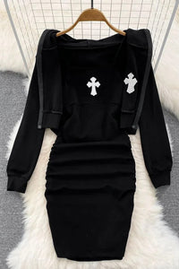 Women Dress Set Fashion Wrap Hips Mini Dress And Full Sleeve Hooded Short Coats Two Piece