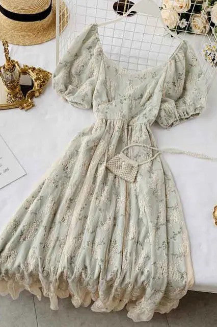 Romantic Women Lace Embroidery Party Dress Elegant Floral Print Short Puff Sleeve Gothic Dress
