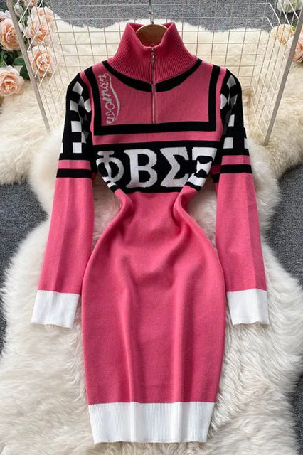 Fashion Sweater Dress Women Letters Print  Stretchy Knitted Dress Zipper Fly Bodycon Dress