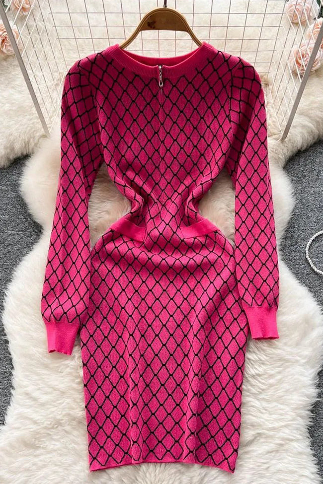 Fashion Geometric Knitted Vestidos Women Casual Zipper O-neck Short Dress