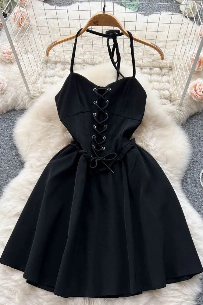 Women Fashion Bandage Gothic A-line Mini Dress Backless Party Dress