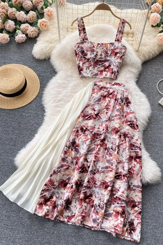 Women Dress Set Fashion Floral Print Pleated Long Skirts + Straps Short Tops Vacation Two Piece Suits