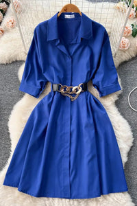 Elegant Women Dress Vintage Turn-down Collar Casual A-line Shirt Dress