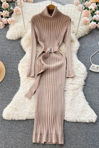 Women Dress Elegant Turtleneck Knitted Sweater Dress with Belt Lady Wrap Hips Bodycon