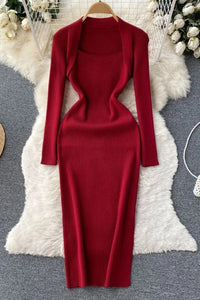 Elegant Women Dress Square Collar Knitted Bodycon Long Dress