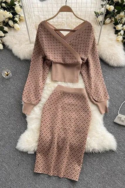 Fashion Comfy Women Dress Elegant Two Piece Set Knitted Tops And Pencil Skirts
