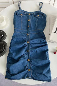 Women Fashion Slim Waist Denim Dress Single-breasted Strap Ruched Bodycon Dress