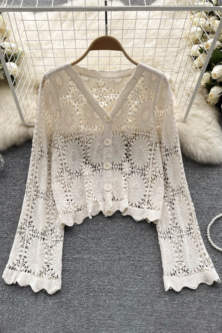 Sunscreen Floral Cardigans Women V Neck Long Sleeves Loose Knitted Top Fashion Beach Vacation Blouse