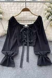 Fashion Bandage Gothic Tops Women Lantern Sleeve Short Blouse Shirts