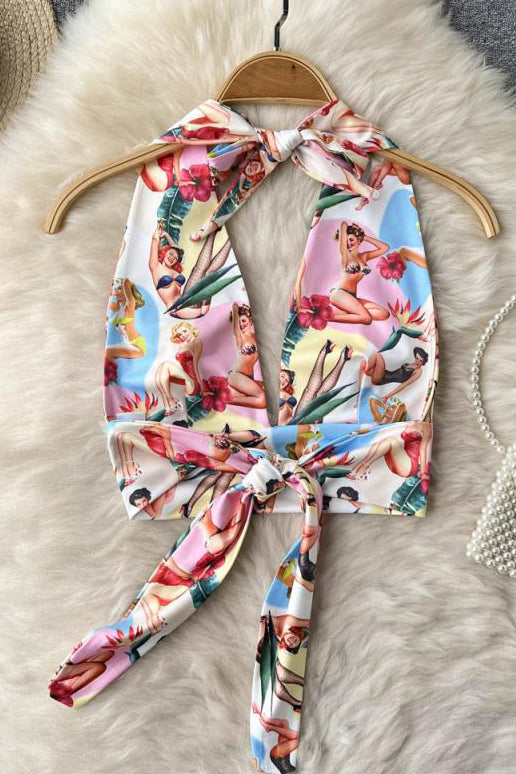 Women Crop Top Aesthetic Printed Camisole Backless Beach Corset