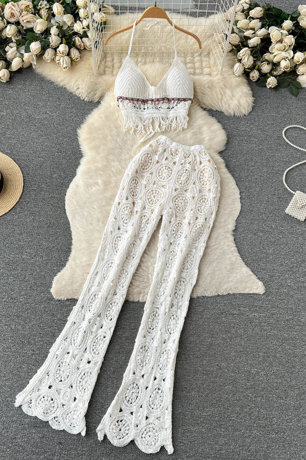 Two Piece Sets Women Backless Hook Hollow Out Tassel Camisole Elastic Waist Long Pants Knit Beach Style Suits