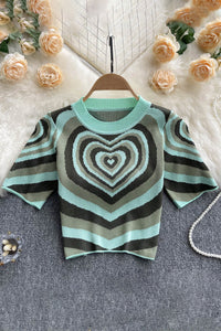 Women Short Sleeves Knitted Tops O Neck Elastic Waist Short T Shirt Style Heart Print Knit Blouse