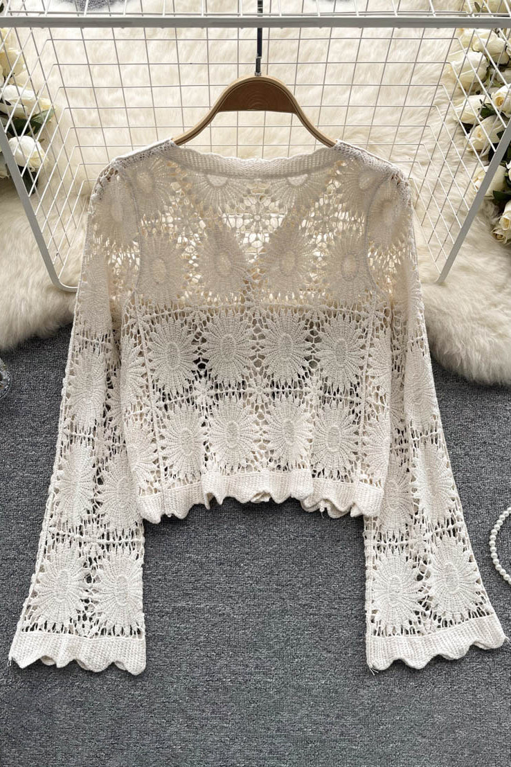 Sunscreen Floral Cardigans Women V Neck Long Sleeves Loose Knitted Top Fashion Beach Vacation Blouse