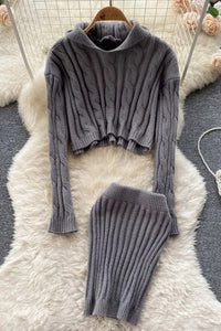 Women Two Piece Fashion Hooded Full Sleeve Knitted Sweatshirt Tops + Skinny Mini Skirts Suits