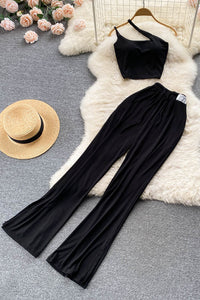 Women Dress Set Fashion Crop Tops + High Waist Bandage Long Pants Beach Two Piece Suits
