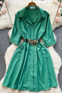 Elegant Women Dress Vintage Turn-down Collar Casual A-line Shirt Dress