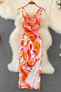 Fashion Women Colorful Print Straps Long Dress Vacation Bodycon Party Dress