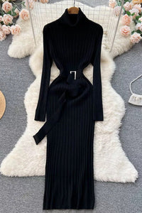Women Dress Elegant Turtleneck Knitted Sweater Dress with Belt Lady Wrap Hips Bodycon
