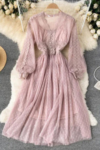 Romantic Women Lace Two Piece Party Dress Elegant V-neck Long Sleeve Dress