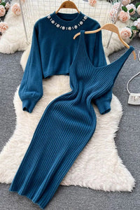 Women Dress Set Elegant Pearl O-neck Knitted Sweaters + Strap Dress Two Piece Suits