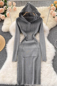 Women Knitted Dress Hooded Buttons Bodycon Sweater Dress