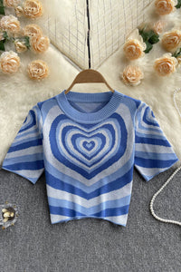 Women Short Sleeves Knitted Tops O Neck Elastic Waist Short T Shirt Style Heart Print Knit Blouse