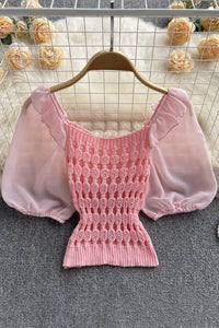 Knitted Spliced Short Blouse Square Collar Ruff Sleeve SheachTop Ladies Elastic Waist Top