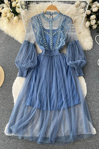 Romantic Women Lace Beading Party Dress Elegant Lantern Sleeve Gothic Long Dress Two Piece Set
