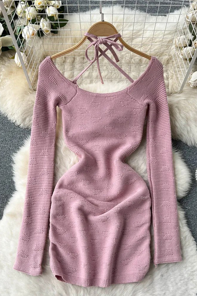 Bandage Bodycon Mini Dress Women Elegant Long Sleeve Knitted Sweater Dress