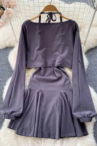 Women Backless Sleeveless Mini Dress Long Sleeve Crop Tops Two Piece Set