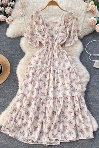 Romantic Lace Patchwork Floral Print Chiffon Dress Women Fashion Ruffled Long Party Dress