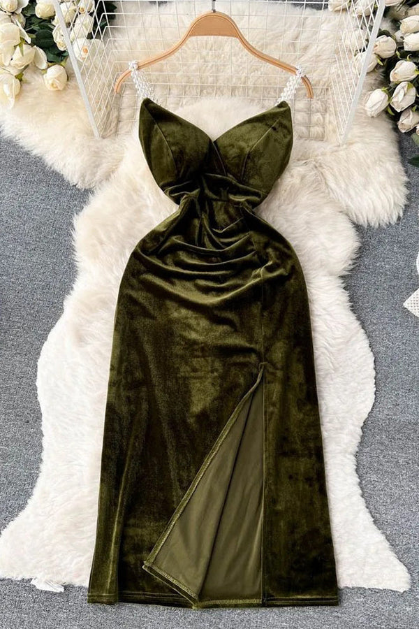 Elegant Pearl Straps Long Party Dress Women High Split Backless Velvet Bodycon Dress