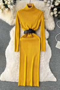 Knitted Women Elegant Turtleneck Long Sweater Dress with Belt Lady Package Hips Bodycon Dress