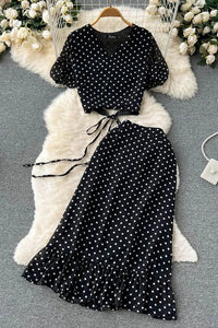 Women Dress Set Polka Dot Bandage Crop Tops + High Waist Ruffle Skirts Female Two Piece