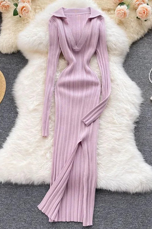 Fashion Split Fancy Women Dress Slim Elastic Wrap Hips Knitted Dress