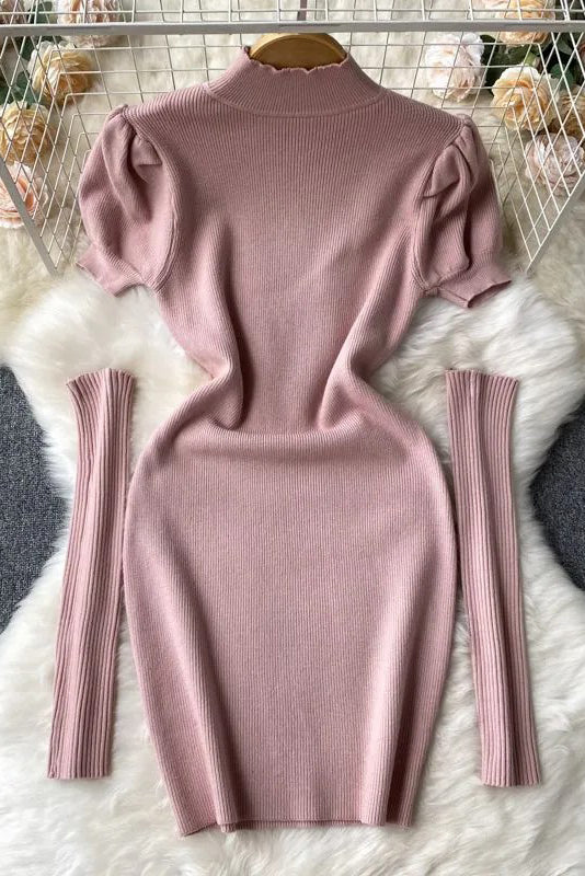 Fashion Clothes Women Puff Sleeve Knitted Bodycon Robe Dresses