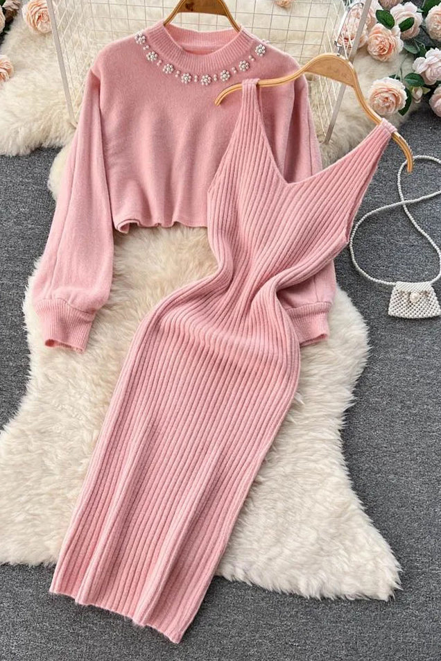 Women Dress Set Elegant Pearl O-neck Knitted Sweaters + Strap Dress Two Piece Suits